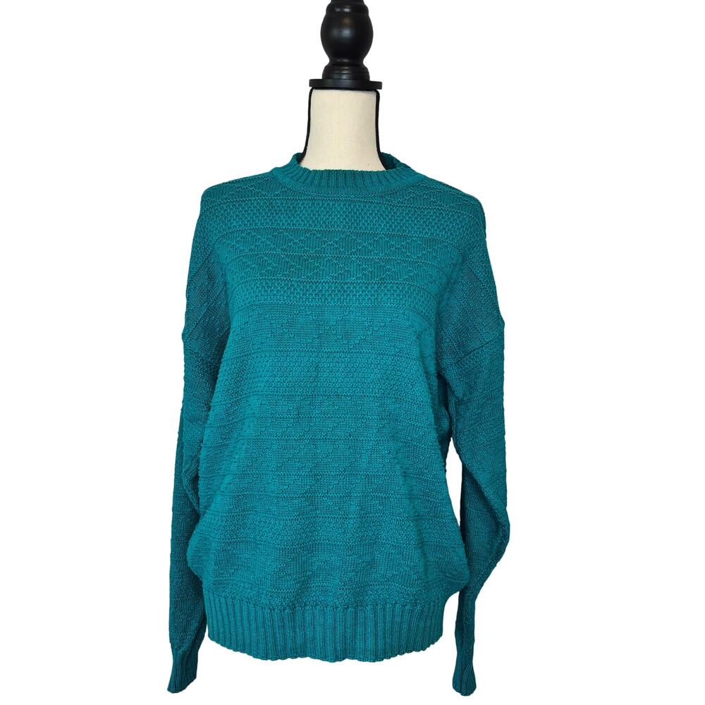 Vintage Free Fall Teal Knit Sweater Large 80s 90s Ramie Cotton Crewneck Pullover